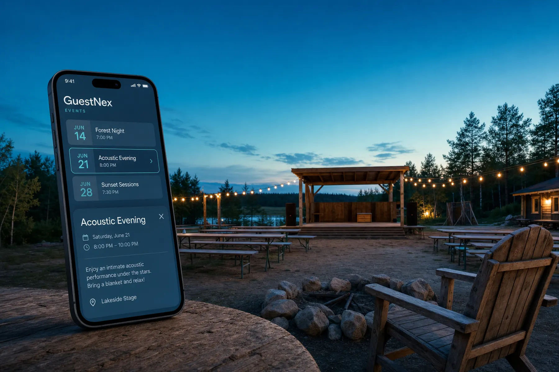 Veranstaltungsbereich auf einem Campingplatz in der blauen Stunde mit dezenter Lichterkette, in der GuestNex-App ist die Eventliste sichtbar