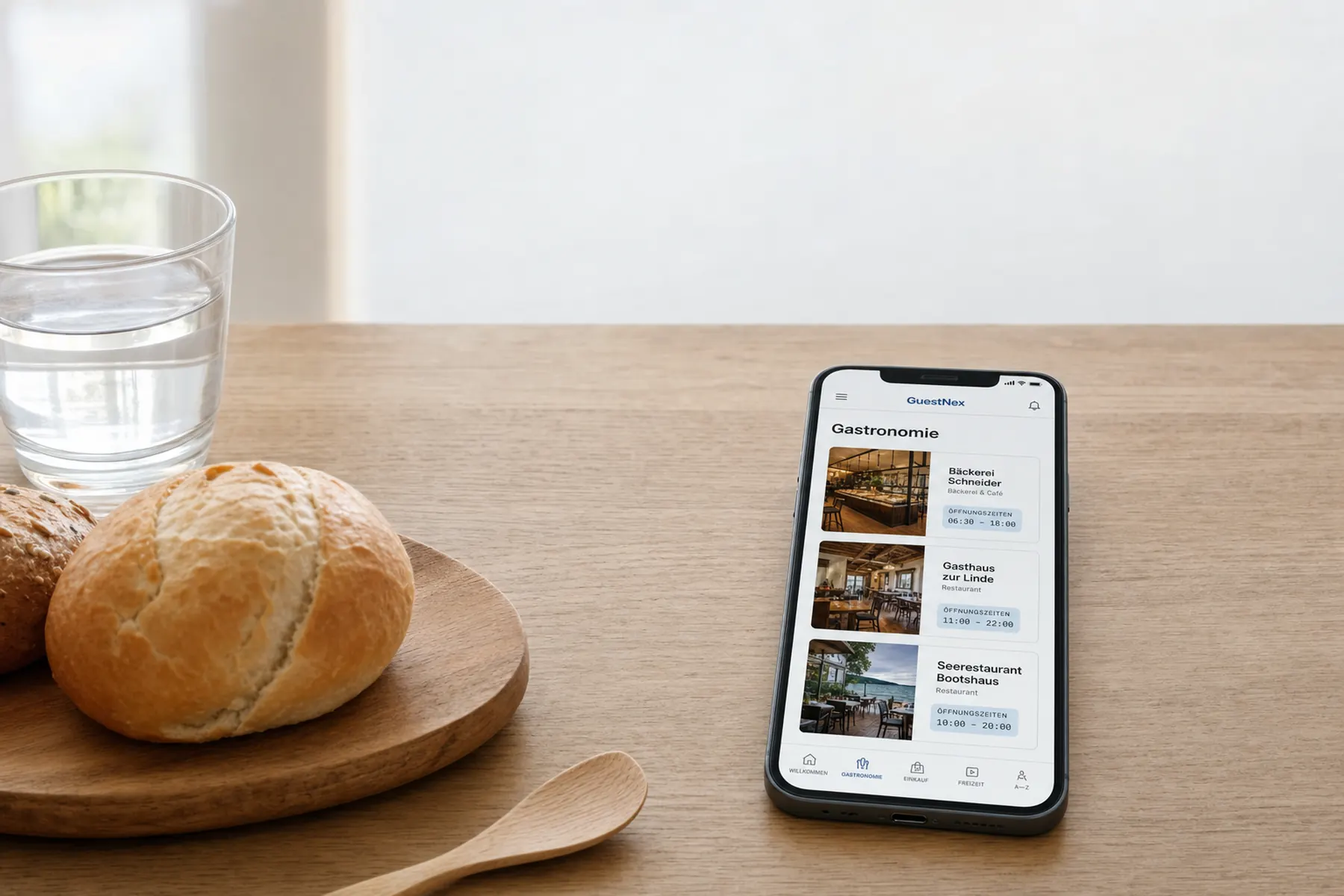 Holztisch mit frischen Brötchen und einem Glas Wasser im Morgenlicht, in der GuestNex-App ist die Liste der Gastronomieangebote sichtbar