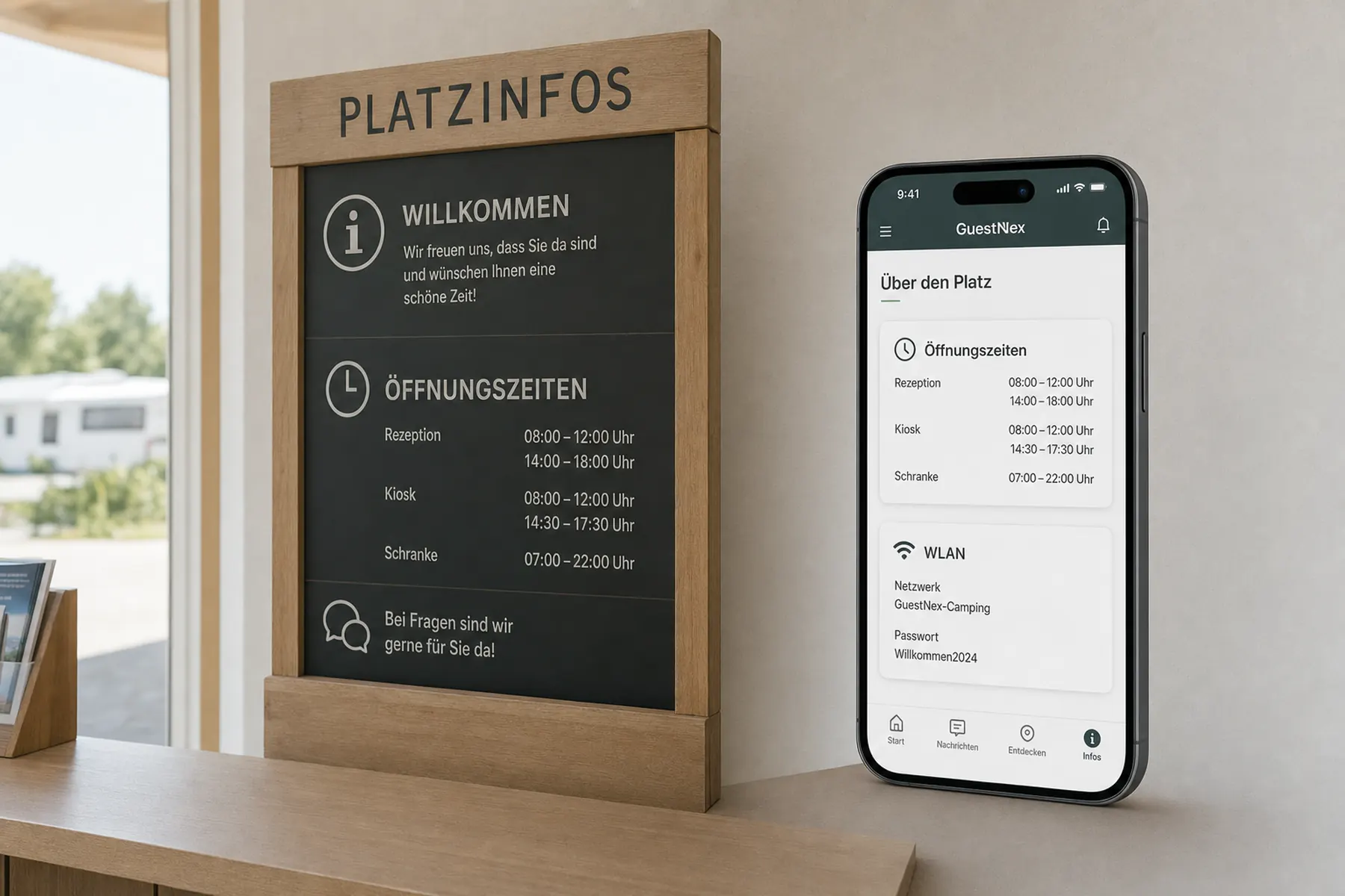 Aufgeräumte Hinweistafel an einem Campingplatz, in der GuestNex-App sind die Platzinfos mit Öffnungszeiten sichtbar
